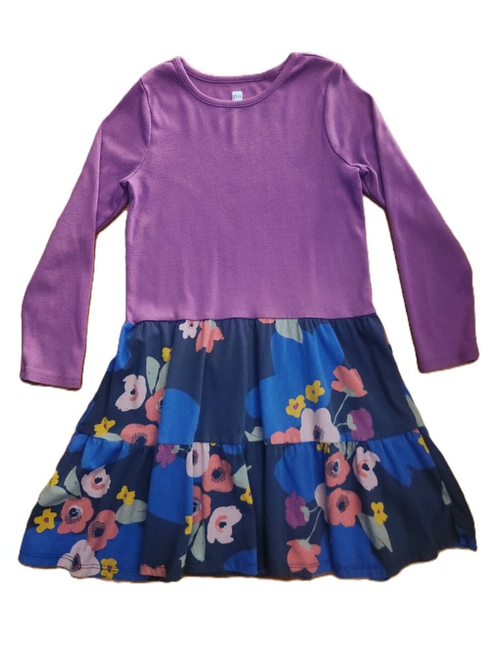 Tea Collection Tiered Skirted Long Sleeved Dress In Bloom Purple Blue Girls Sz 8
